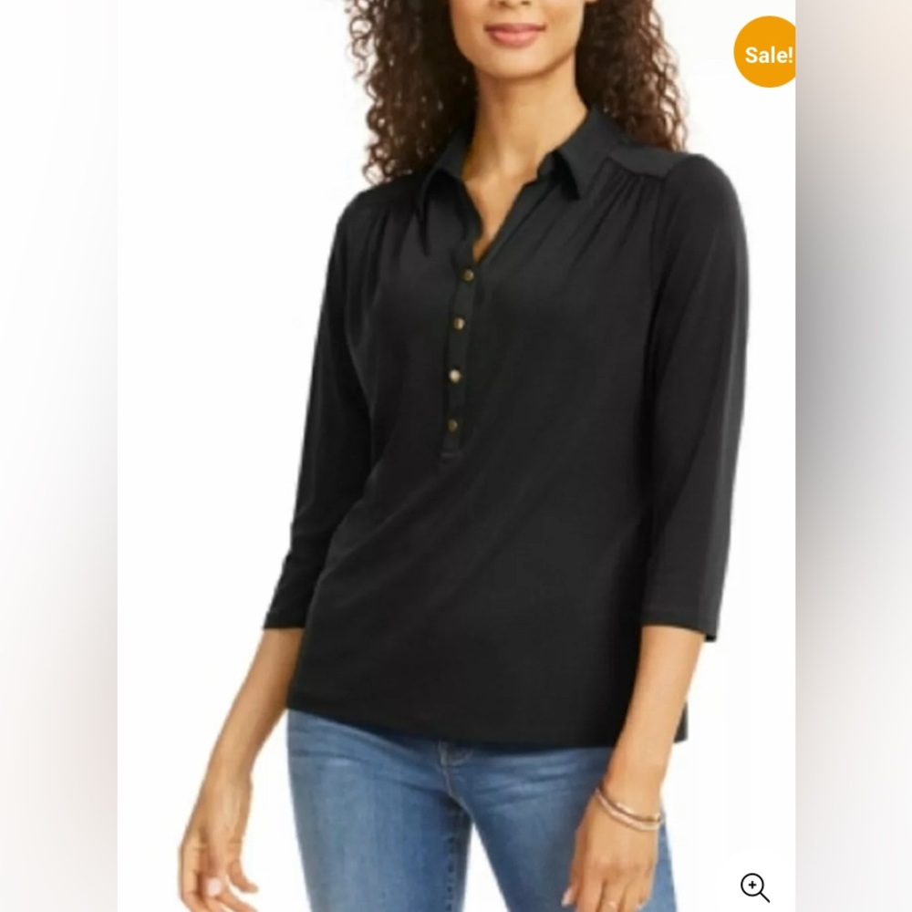 Charter Club Women 3/4-Sleeves Knit Polo Shirt Deep Black